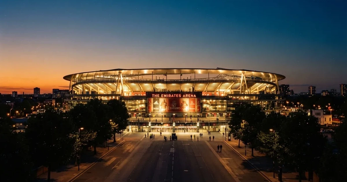 Ein hell erleuchtetes Fußballstadion bei Nacht aus der Ferne gesehen, über dem Dach ein klarer Himmel, davor eine leere Straße.