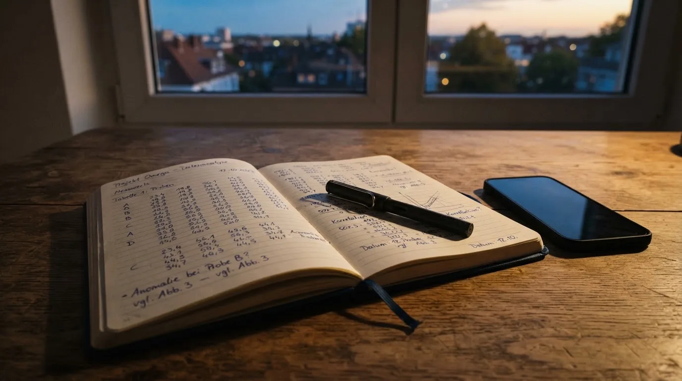 Ein Notizbuch mit handschriftlichen Zahlen liegt neben einem Smartphone mit dunklem Display auf einem Tisch, im Fenster Dämmerlicht.