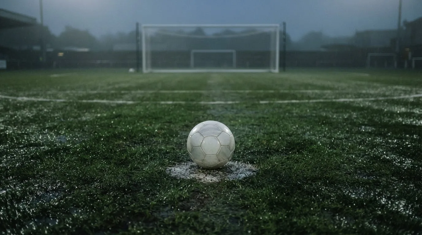 Ein Fußball liegt auf dem Elfmeterpunkt eines nassen Rasenplatzes, im Hintergrund ein leeres Tor im Nebel.