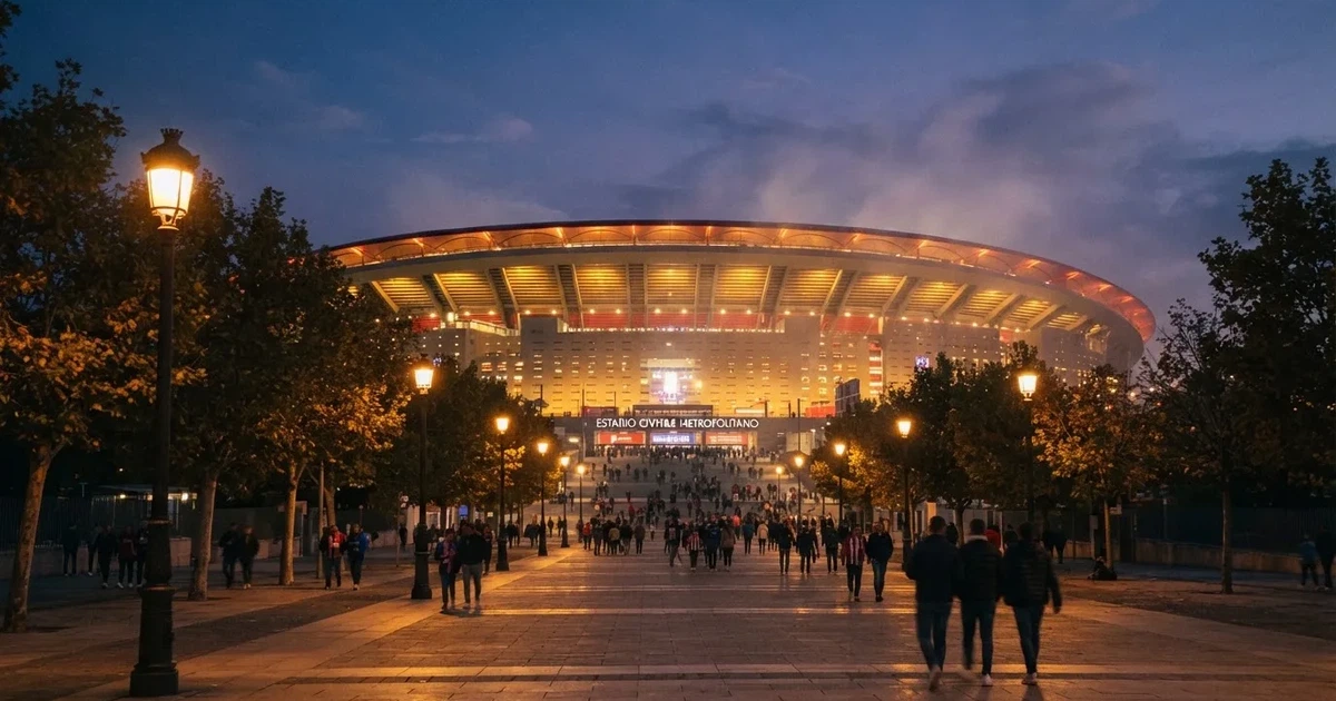 Ein großes Fußballstadion mit hell erleuchtetem Rund, aus der Ferne am Abend gesehen, davor eine breite Allee mit Laternen.
