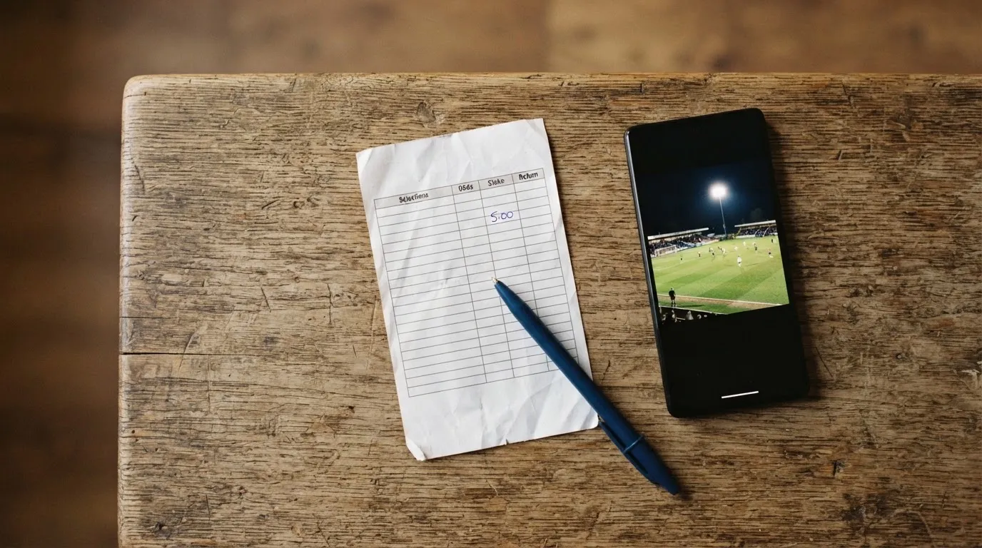 Ein leerer Papier-Wettschein und ein Kugelschreiber liegen auf einem Holztisch neben einem schwarzen Smartphone.