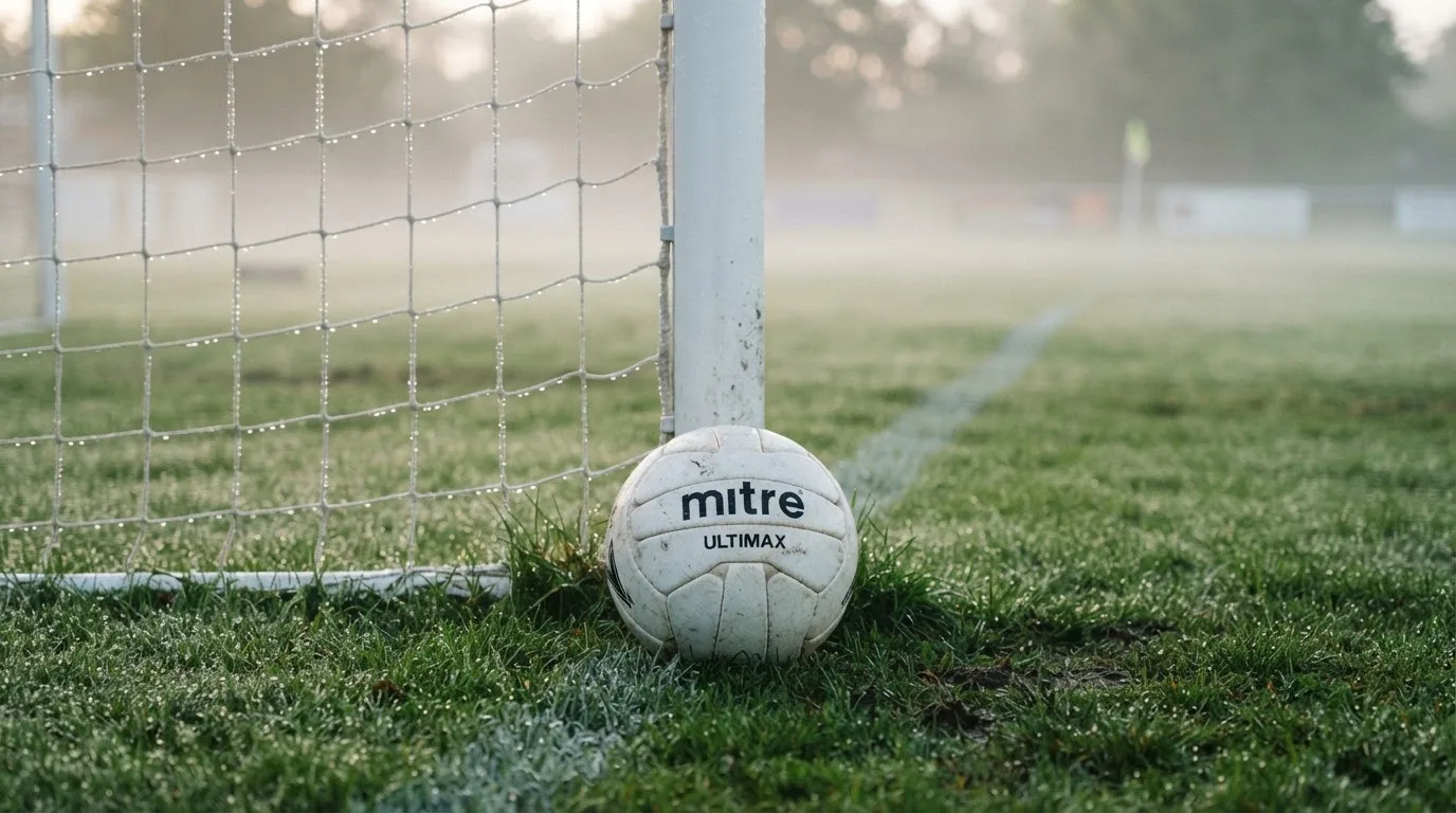 Ein Fußball liegt auf dem Rasen vor einem Tor im Morgennebel, die Netzmaschen sind taufeucht.