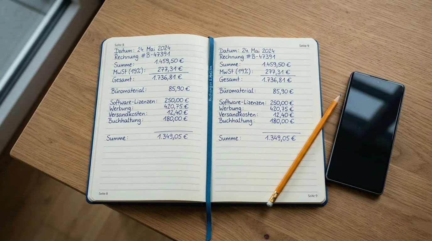 Ein Notizbuch mit handschriftlichen Zahlenreihen liegt neben einem Bleistift und einem Smartphone mit dunklem Display auf einem Tisch.