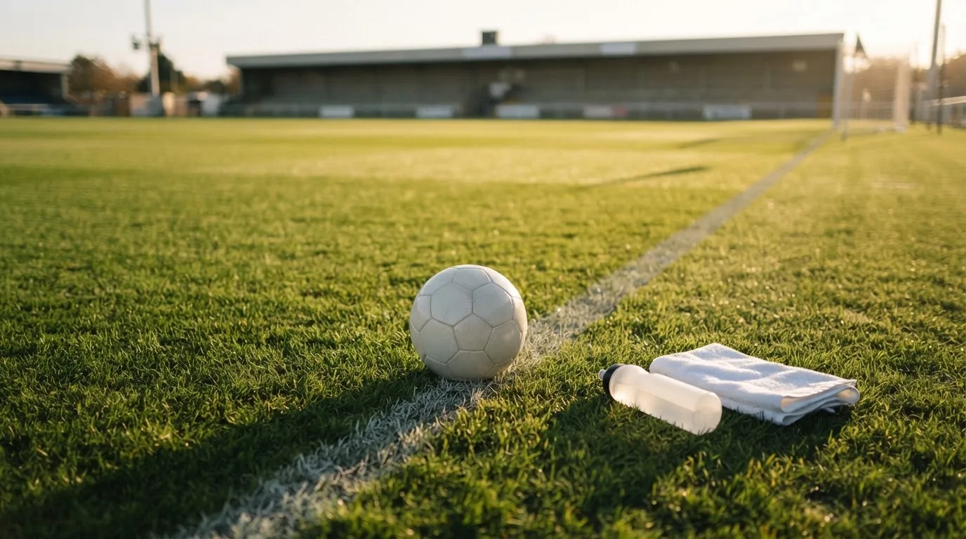 Ein Fußball auf einer Wiese neben der Seitenlinie, daneben eine Trinkflasche ohne Aufdruck und ein Handtuch.