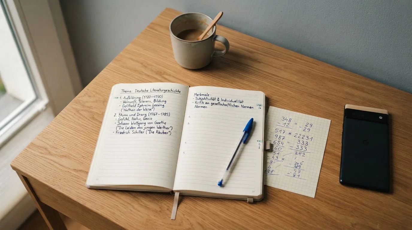 Ein Notizbuch mit handschriftlichen Notizen und ein Taschenrechner liegen auf einem Schreibtisch neben einem Smartphone mit dunklem Display.