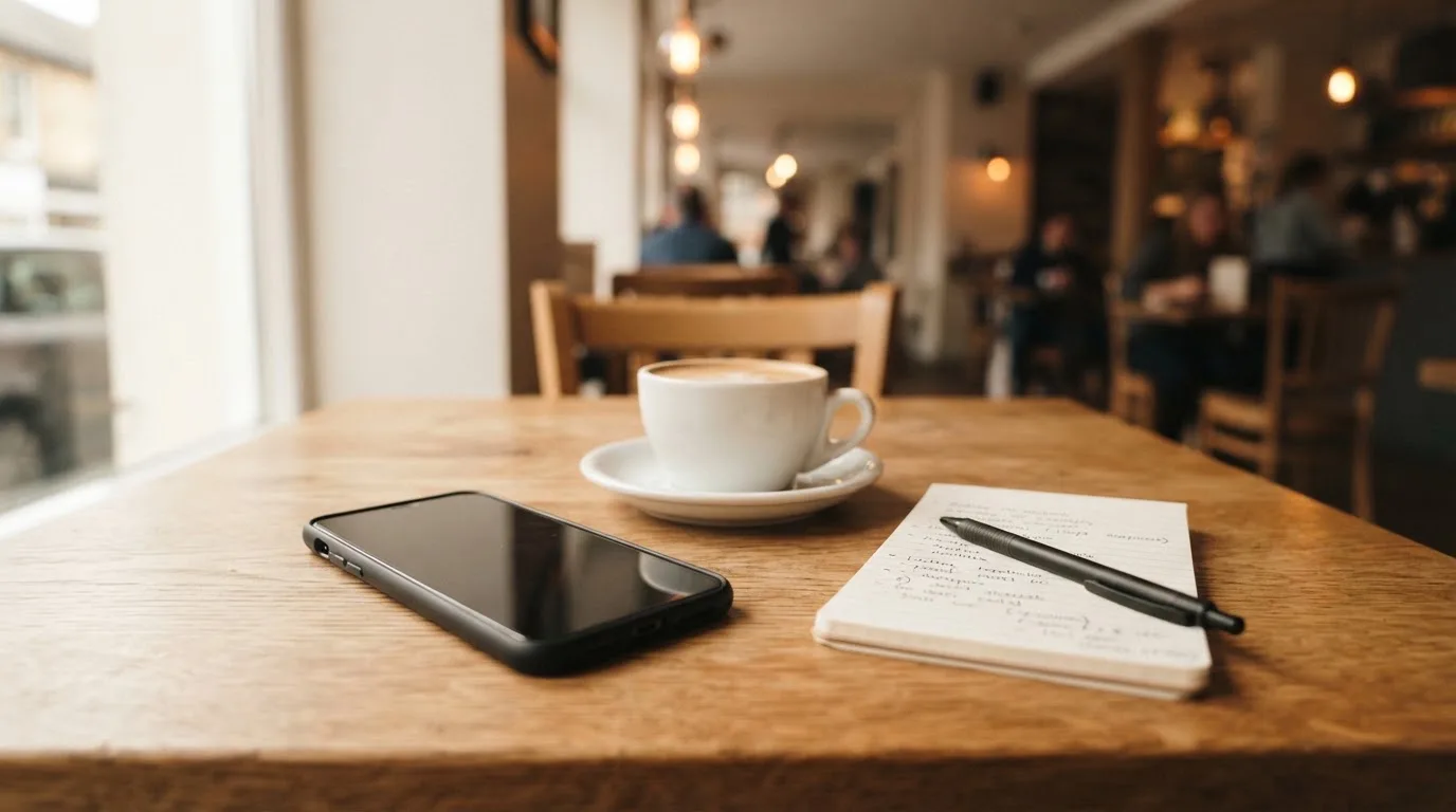 Ein Smartphone liegt mit schwarzem Display neben einer Kaffeetasse und einem Notizblock auf einem Café-Tisch.