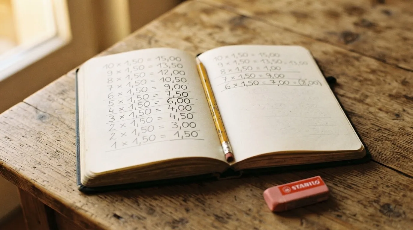 Ein Notizbuch mit handschriftlichen Multiplikationen liegt aufgeschlagen auf einem Holztisch, daneben ein Bleistift und ein Radiergummi.