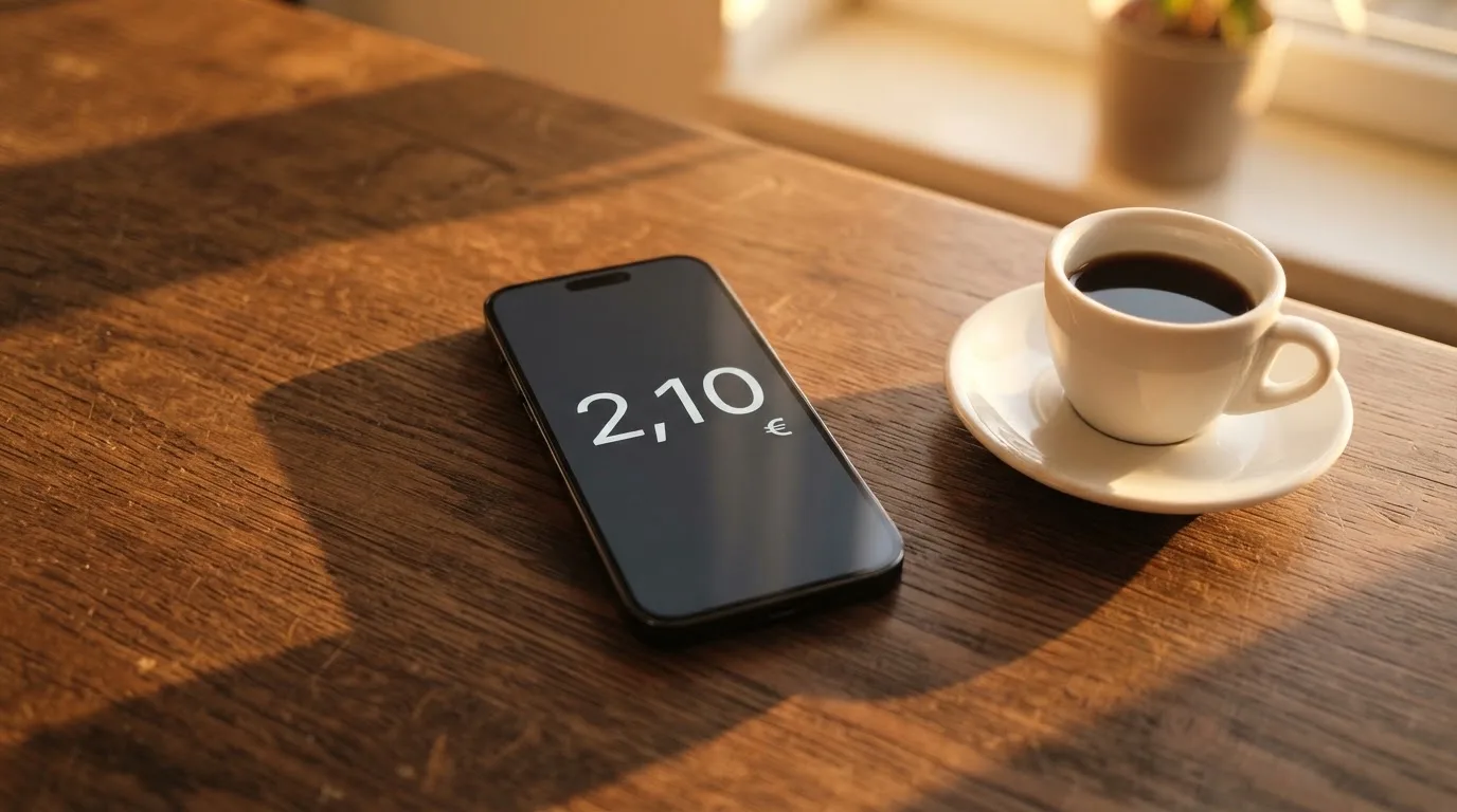 Ein Smartphone mit dunklem Display liegt neben einer Kaffeetasse auf einem Schreibtisch, durch das Fenster fällt Abendlicht.