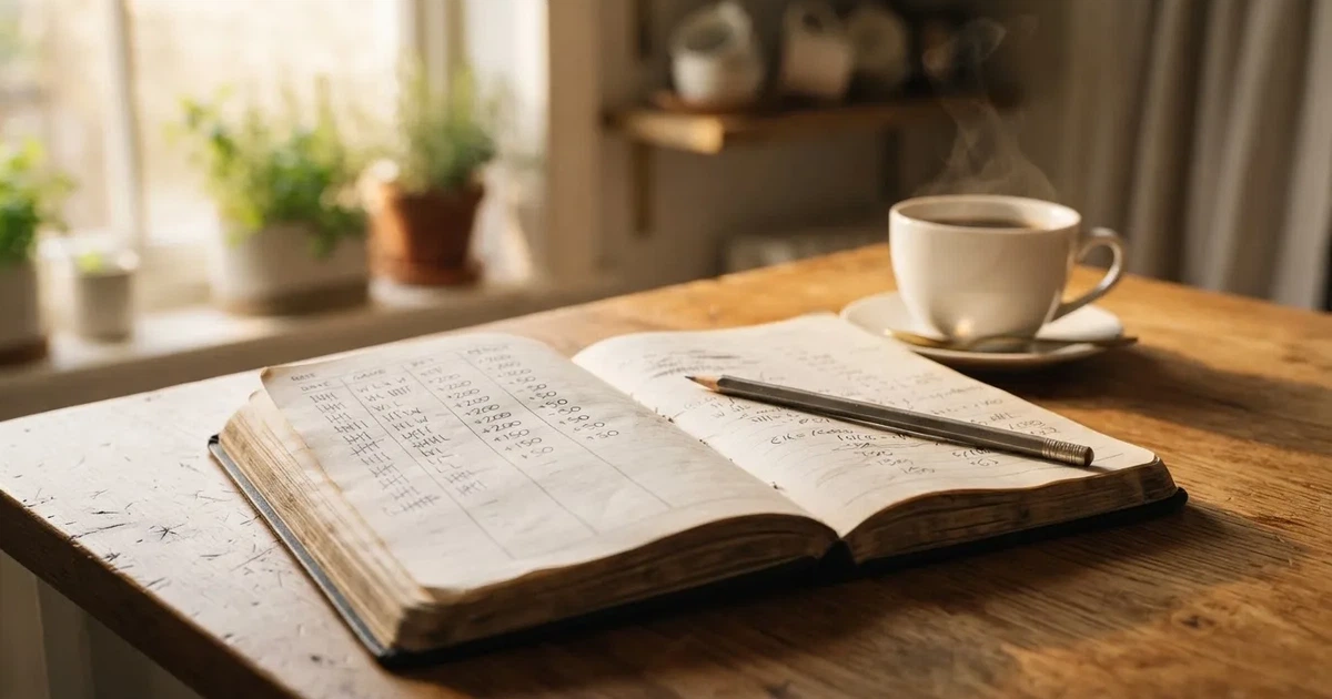 Ein aufgeschlagenes Notizbuch mit handgezeichneten Spalten und Strichen liegt neben einem Bleistift und einer Kaffeetasse auf einem Tisch am Morgen.