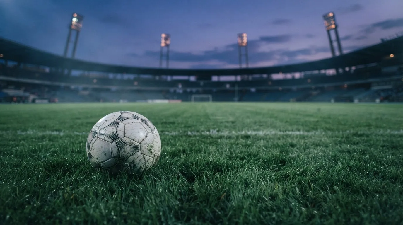 Ein Fußball liegt auf einem Rasenplatz in der Dämmerung, im Hintergrund ein ferner Stadionrand unter Flutlicht.