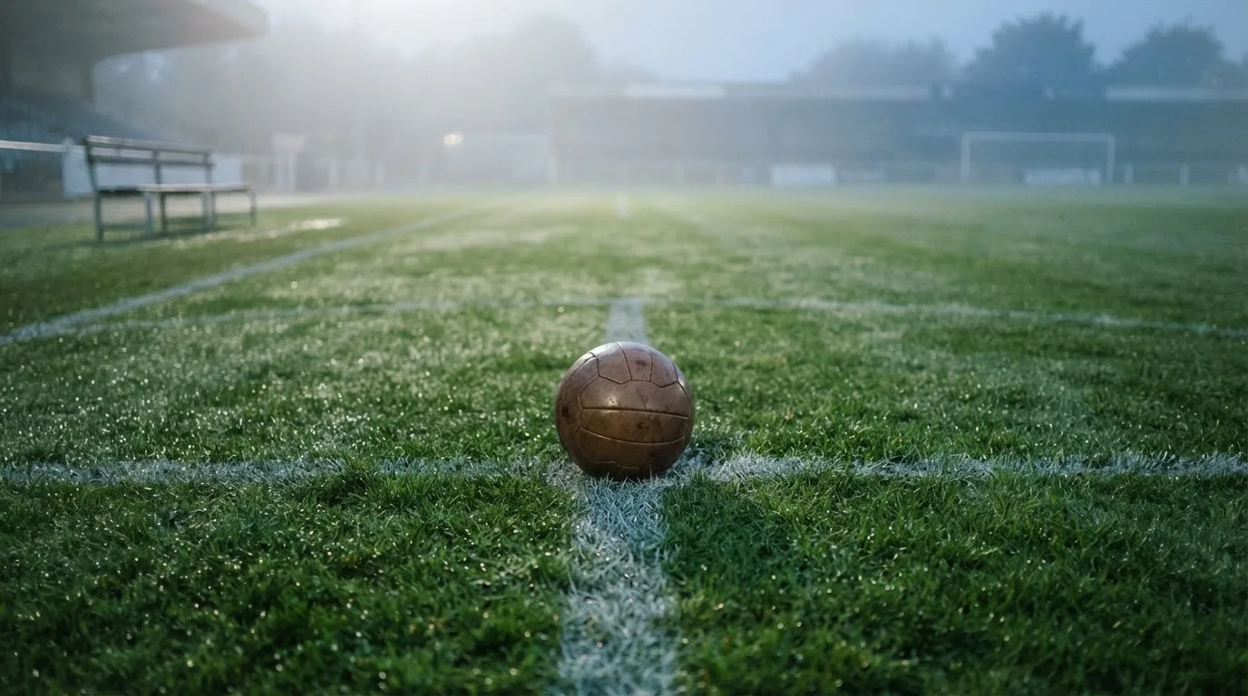 Ein Fußball liegt in der Mitte eines leeren Rasenplatzes im Morgennebel, am Rand steht eine einzelne Auswechselbank.