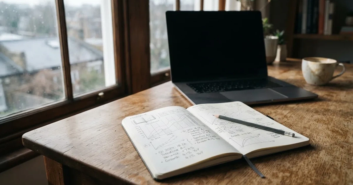 Ein Laptop-Bildschirm bleibt dunkel, davor ein Notizbuch mit handgezeichneten Kurven und ein Bleistift auf einem Schreibtisch am Fenster.
