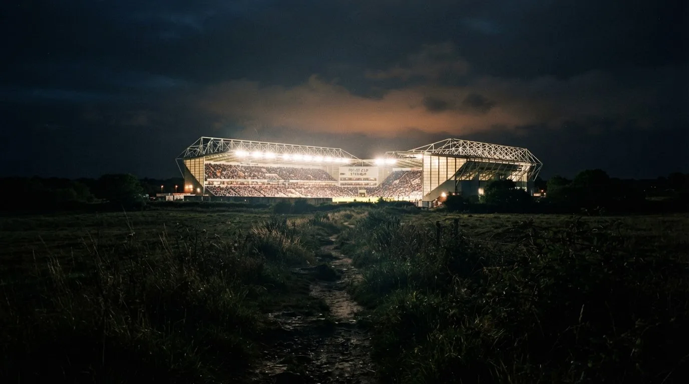 Ein Stadion unter Flutlicht von weitem gesehen, davor ein Feld und ein Feldweg im Dunkeln.